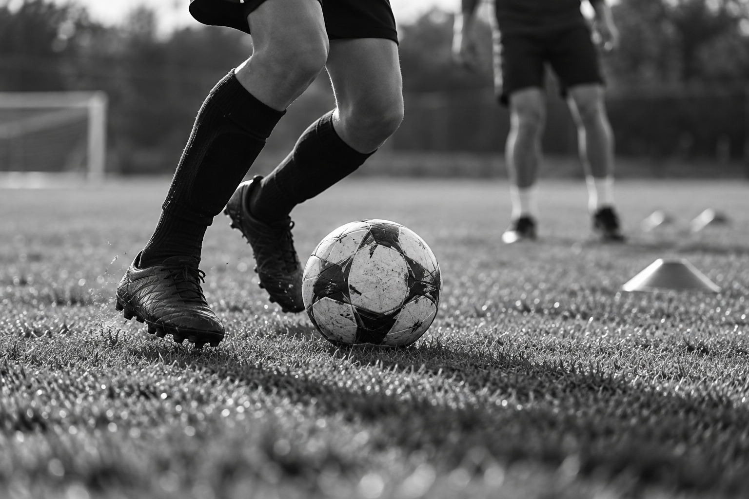 Symbolisches Trainingsmotiv: Fußballschuhe am Ball auf einem Trainingsplatz